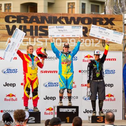 Melissa Buhl on the top step at Crankworx Whistler 2012